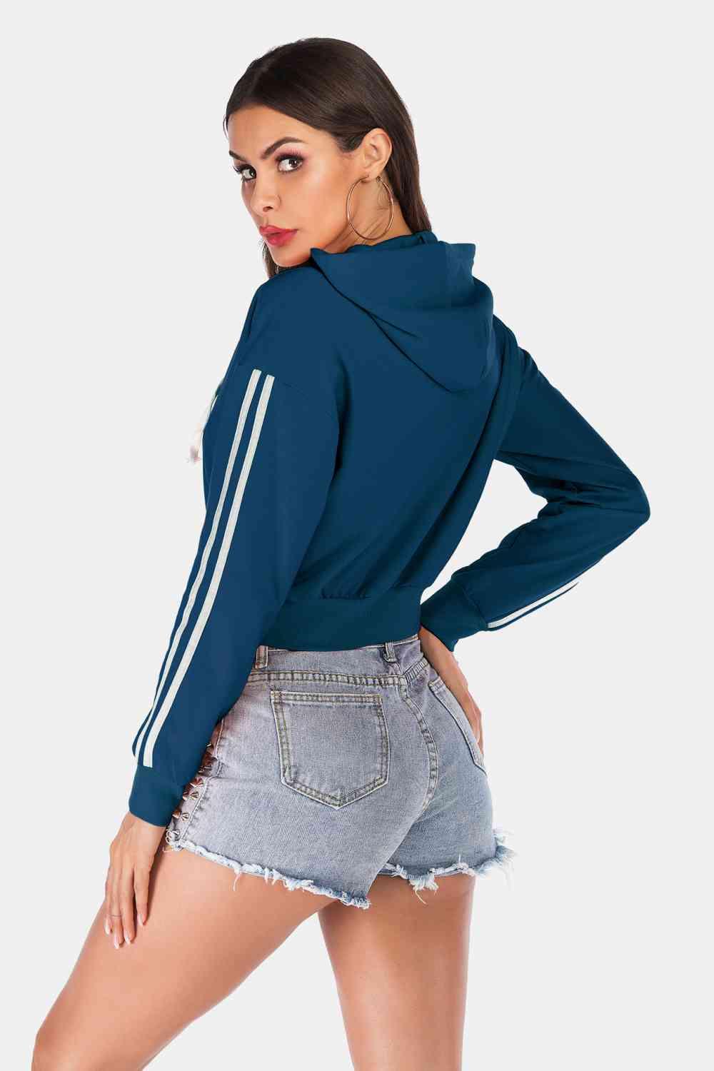 Perfee Side Stripe Drawstring Cropped Hooded Jacket - Chic Yana's Fashion