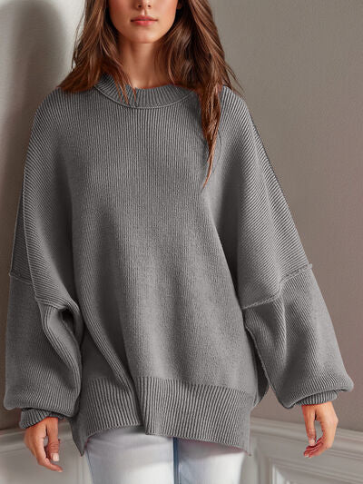 Double Take Side Slit Round Neck Long Sleeve Sweater - Chic Yana's Fashion