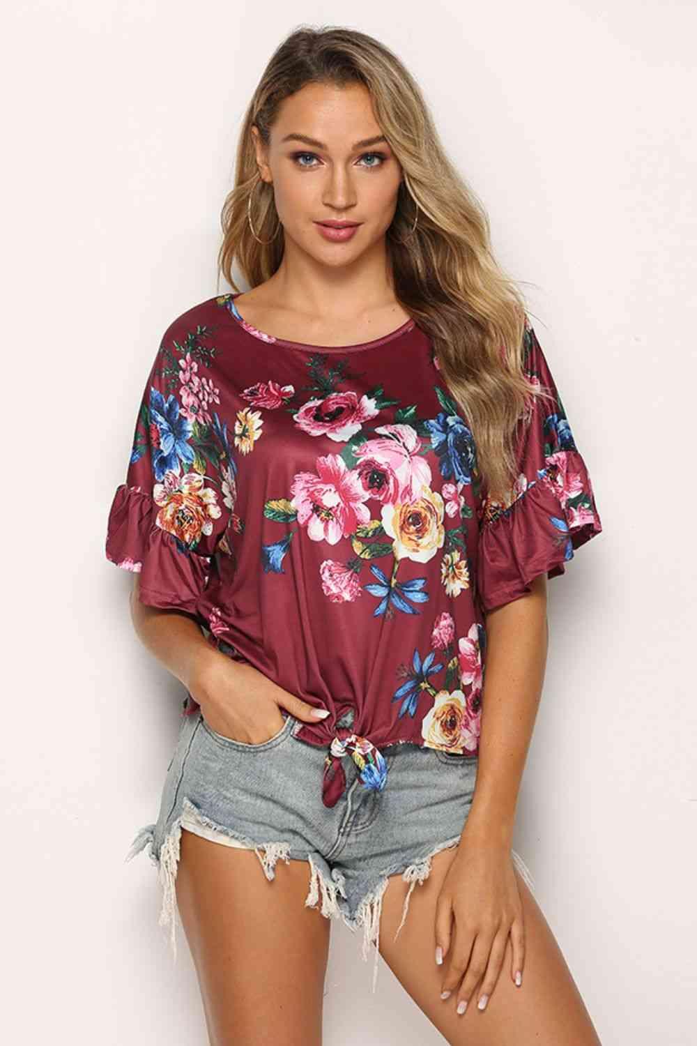 Shiny Floral Tie Hem Flounce Sleeve Top - Chic Yana's Fashion