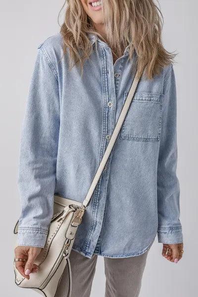 Pocketed Collared Neck Denim Top - Chic Yana's Fashion