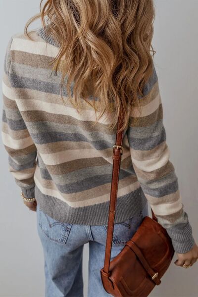 Striped Round Neck Long Sleeve Sweater - Chic Yana's Fashion