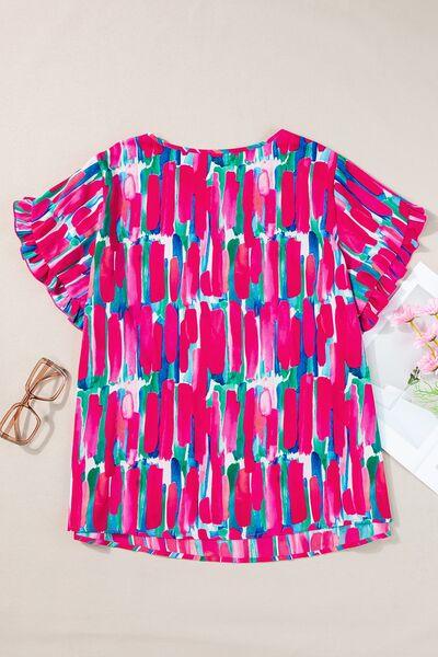 Plus Size Printed Round Neck Petal Sleeve Blouse - Chic Yana's Fashion