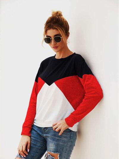 Color Block Round Neck Long Sleeve Top - Chic Yana's Fashion