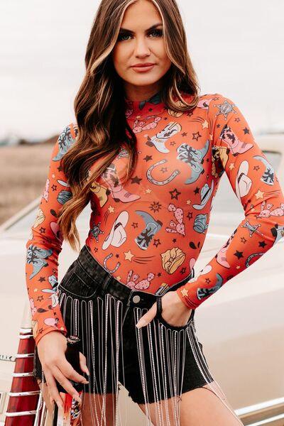 Printed Mock Neck Long Sleeve Bodysuit - Chic Yana's Fashion