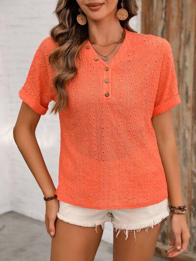 Ivy Lane Eyelet V Neck Short Sleeve Top - Chic Yana's Fashion