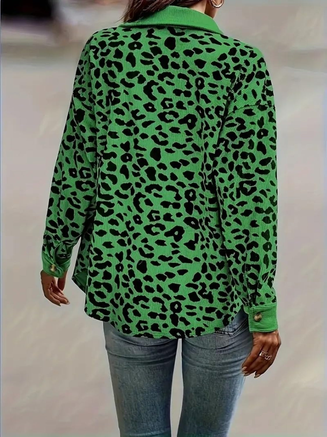 Flattering fit and modern design make the Full Size Leopard Collared Neck Button Up Long Sleeve Jacket a standout piece.