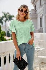 Mandy Eyelet Round Neck Flutter Sleeve Top - Chic Yana's Fashion