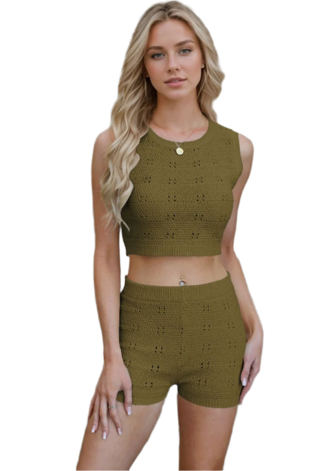 Eyelet Round Neck Tank and shorts Sweater Set - Shop Now at Chic Yana's Fashion