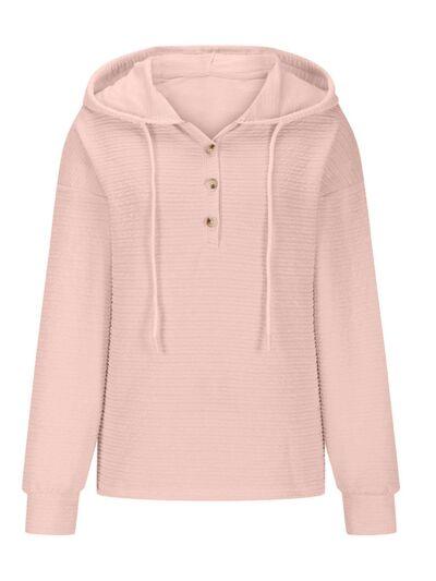 Drawstring Quarter Button Long Sleeve Hoodie - Chic Yana's Fashion