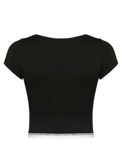 Lace Detail Sweetheart Neck Short Sleeve T Shirt - Chic Yana's Fashion