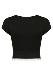 Lace Detail Sweetheart Neck Short Sleeve T Shirt - Chic Yana's Fashion