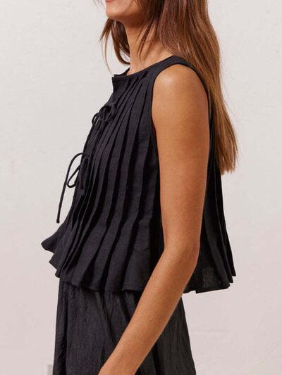 Lovelet Pleated Tied Round Neck Vest - Chic Yana's Fashion