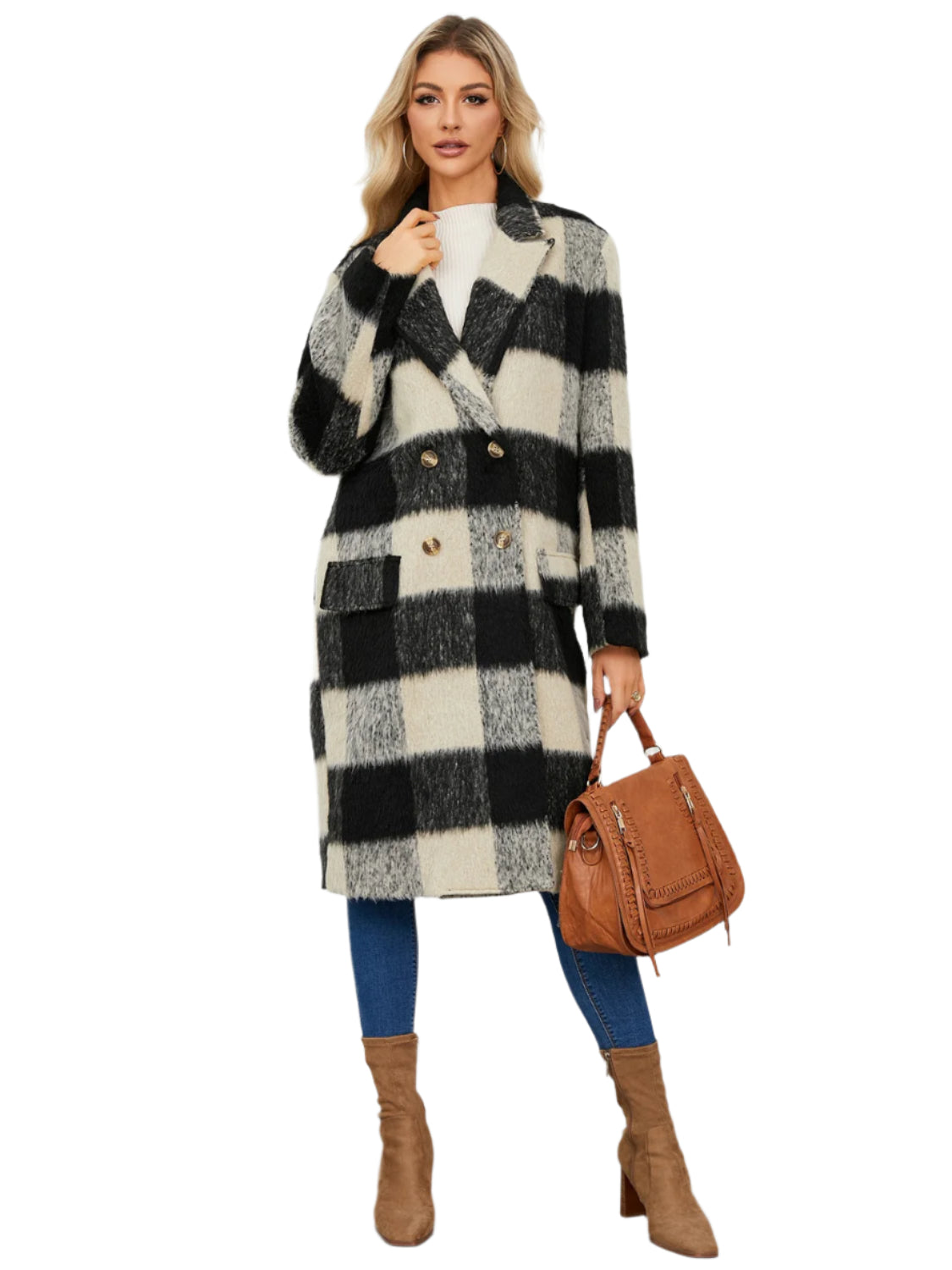 Plaid Double-Breasted Long Sleeve Coat - Chic Yana’s Fashion