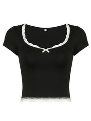 Lace Detail Sweetheart Neck Short Sleeve T Shirt - Chic Yana's Fashion