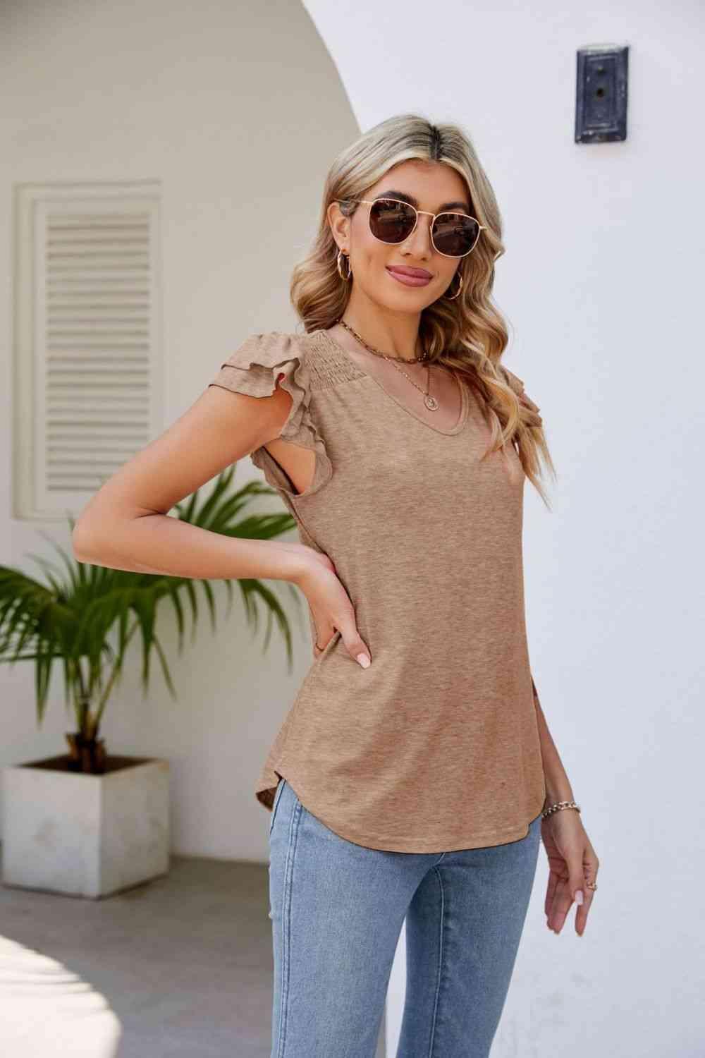 Smocked Flutter Sleeve V Neck Top - Chic Yana's Fashion