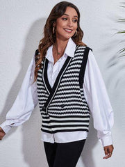 Striped Button Up V Neck Sweater Vest - Chic Yana's Fashion