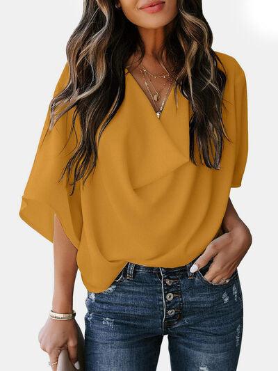 Full Size Cowl Neck Three Quarter Sleeve Blouse - Chic Yana's Fashion