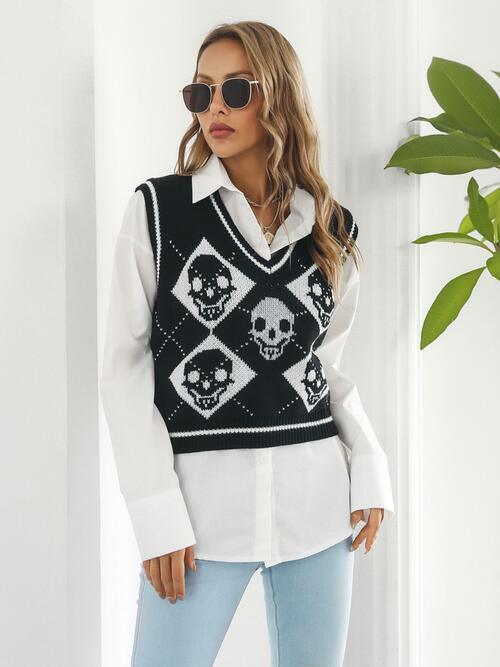 Skull Contrast V Neck Sweater Vest - Chic Yana's Fashion