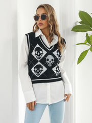 Skull Contrast V Neck Sweater Vest - Chic Yana's Fashion