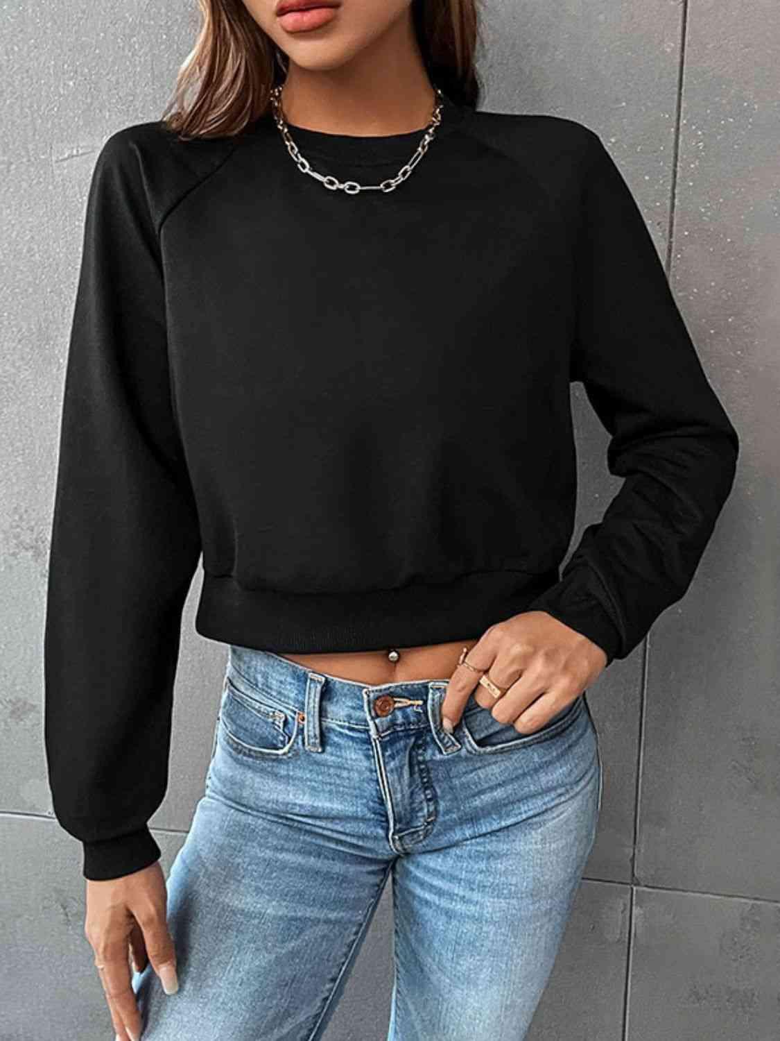 Perfee Raglan Sleeve Round Neck Cropped Sweatshirt - Chic Yana's Fashion