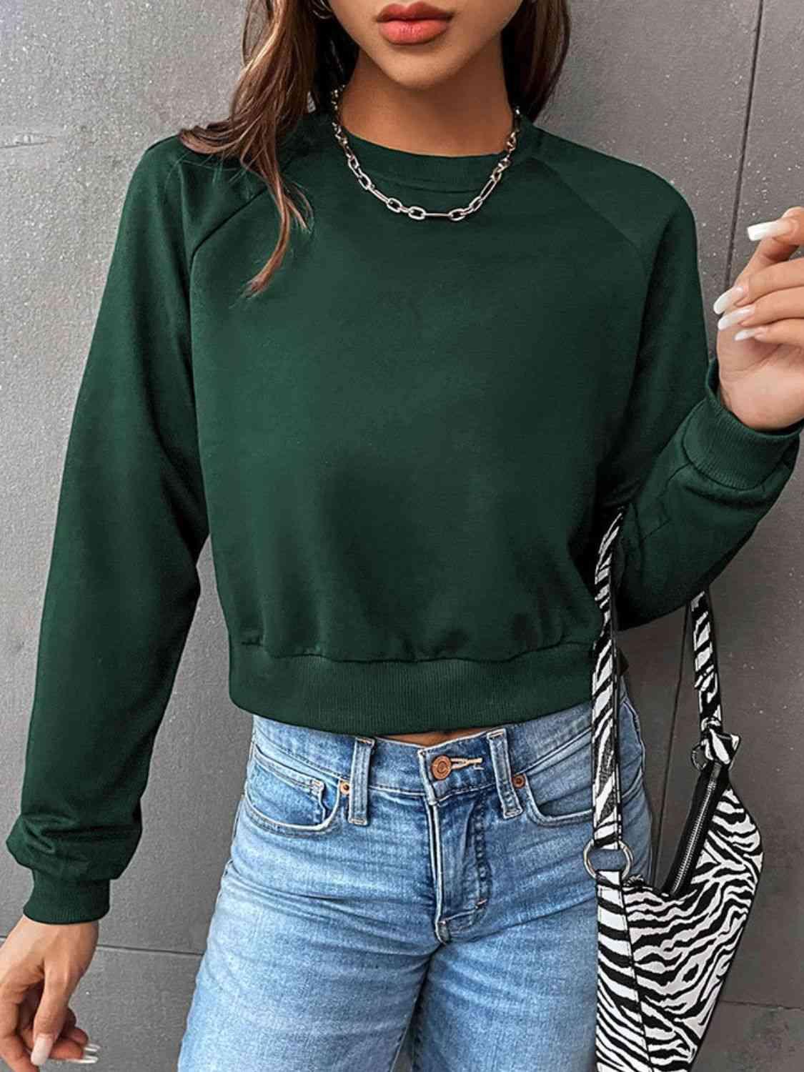 Perfee Raglan Sleeve Round Neck Cropped Sweatshirt - Chic Yana's Fashion