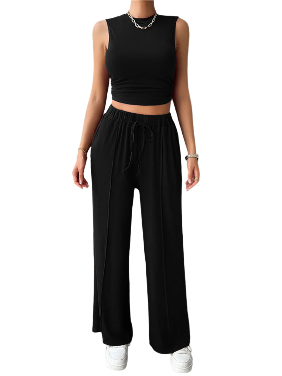 Devine Mock Neck Sleeveless Top and Drawstring Pants Set – Chic Yana’s Fashion