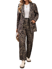 Full Size Leopard Lapel Collar Long Sleeve Blazer and Pants Set - Shop Now at Chic Yana's Fashion