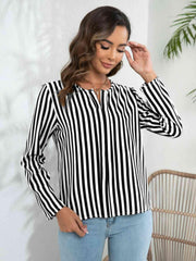 Striped Long Sleeve Notched Blouse - Chic Yana's Fashion