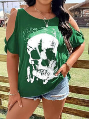 Plus Size Skeleton Graphic Round Neck Cold Shoulder T Shirt - Chic Yana's Fashion