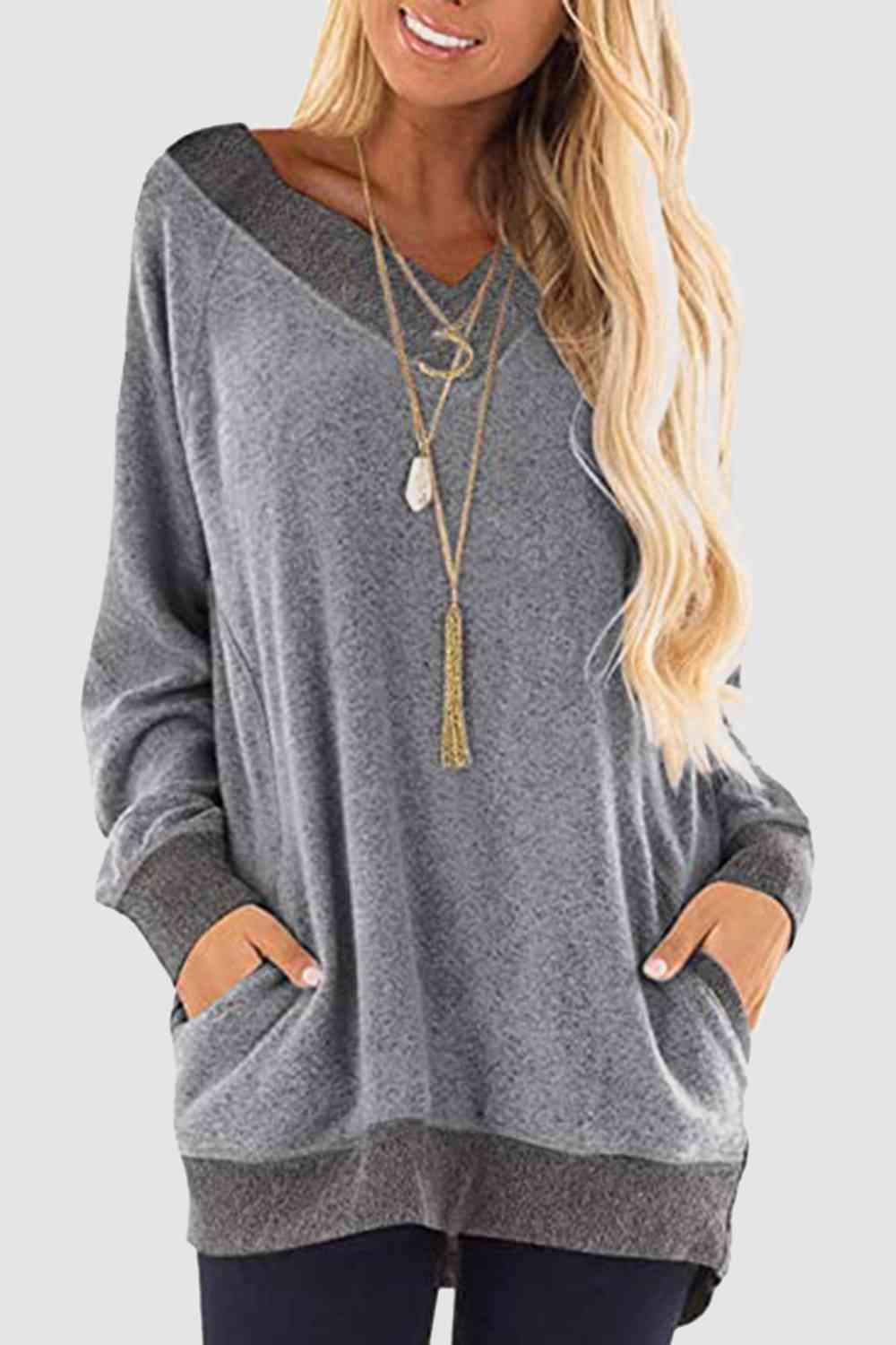 V Neck Long Sleeve Sweatshirt With Pockets - Chic Yana's Fashion