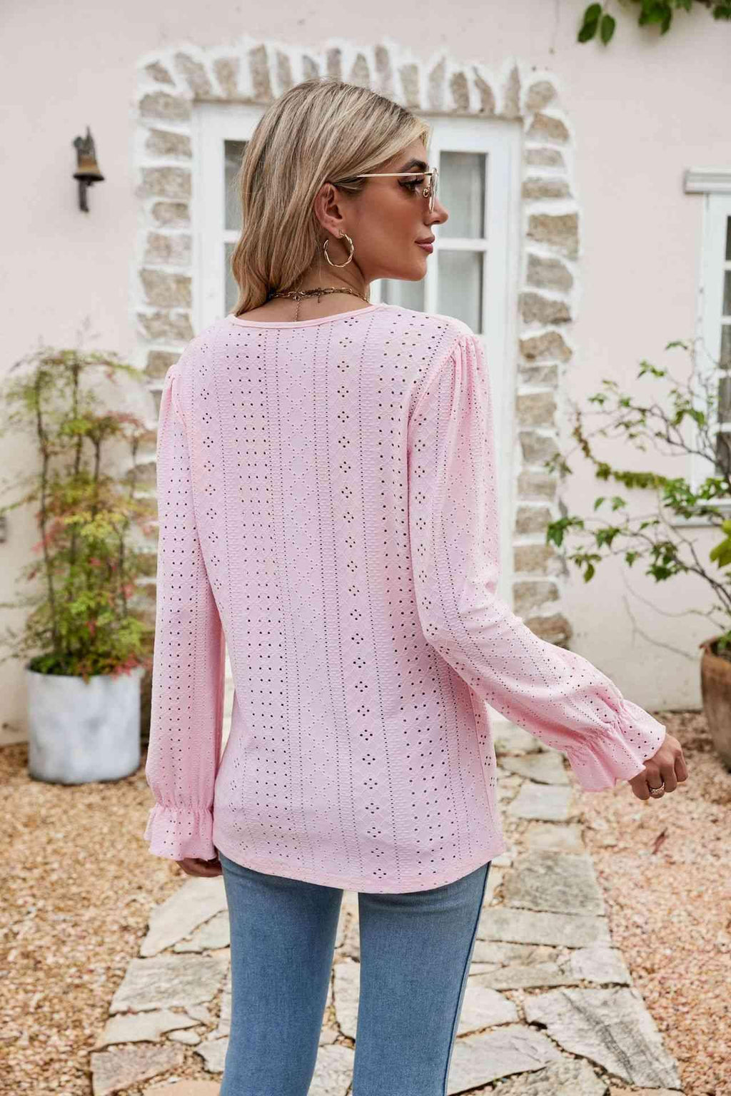 Eyelet Lace Trim Flounce Sleeve Blouse - Chic Yana's Fashion