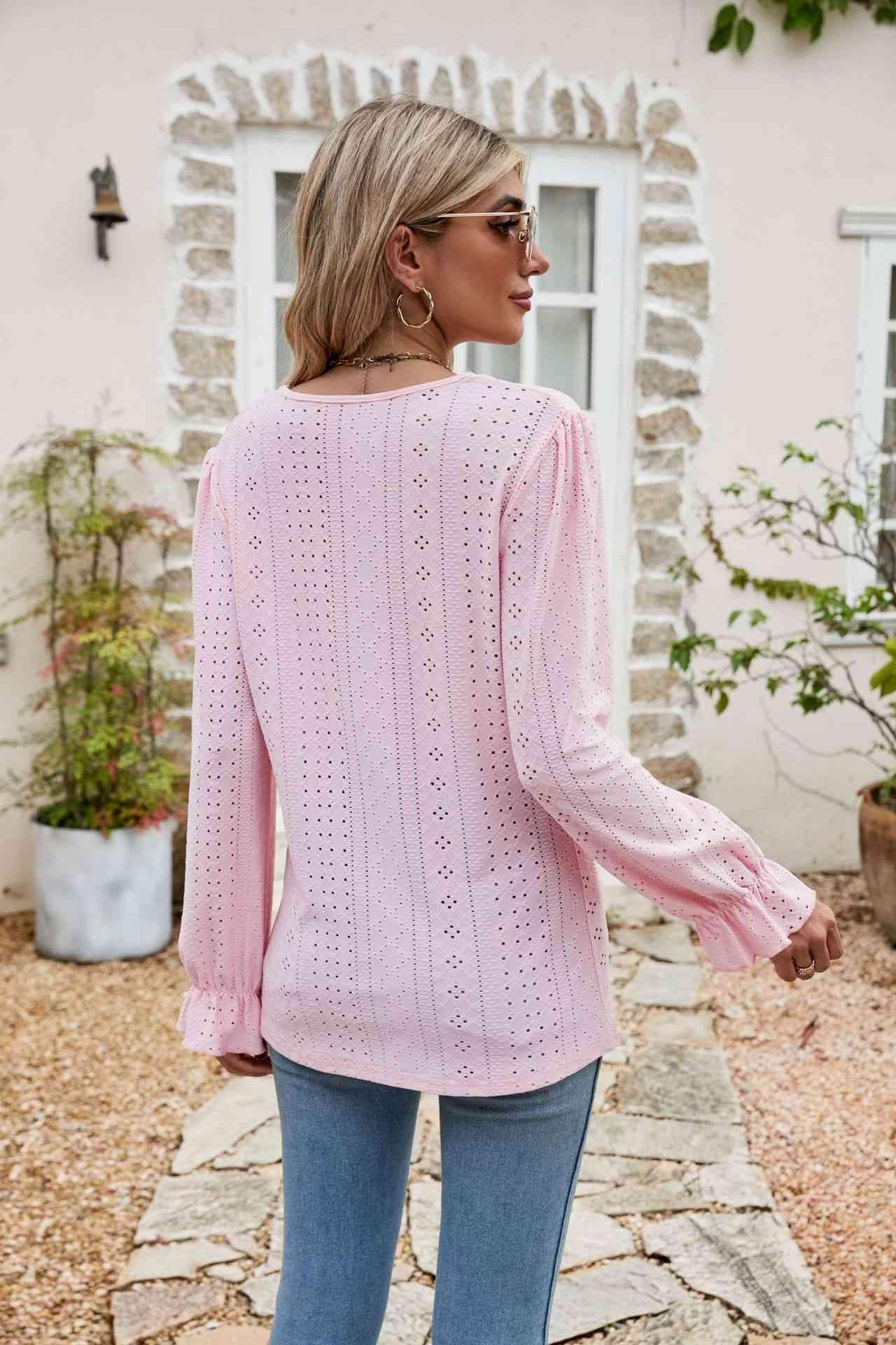 Eyelet Lace Trim Flounce Sleeve Blouse - Chic Yana's Fashion