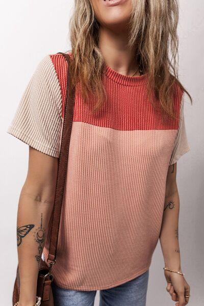 Color Block Round Neck Short Sleeve T Shirt 3 - Chic Yana's Fashion