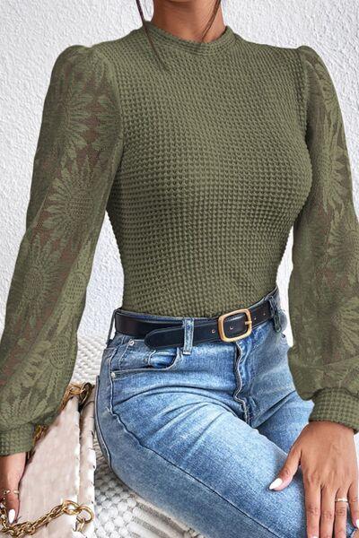 Mock Neck Lace Long Sleeve Top - Chic Yana's Fashion