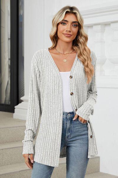 Ribbed Button Up Long Sleeve Cardigan - Chic Yana's Fashion