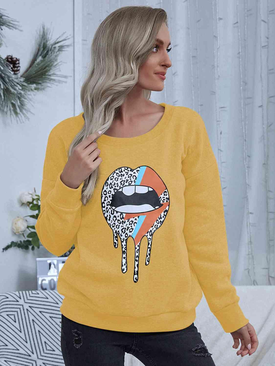 Shiny Lip Graphic Round Neck Sweatshirt - Chic Yana's Fashion