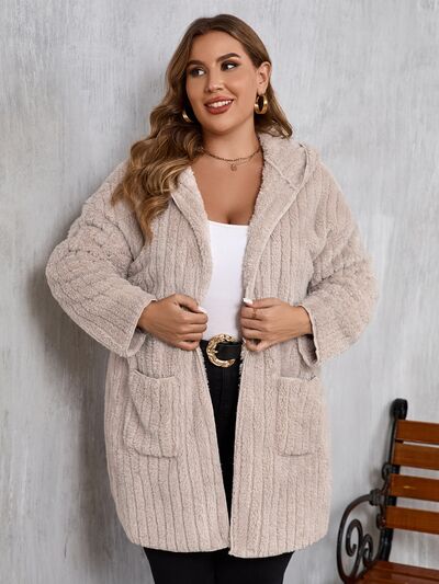 Plus Size Open Front Long Sleeve Hooded Fuzzy Jacket - Chic Yana's Fashion