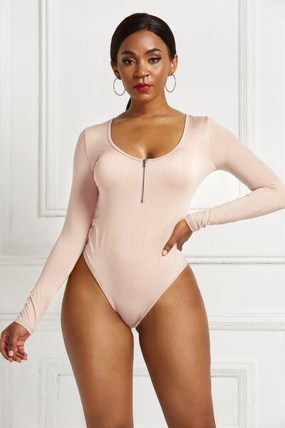 Half Zip Scoop Neck Long Sleeve Bodysuit - Chic Yana's Fashion