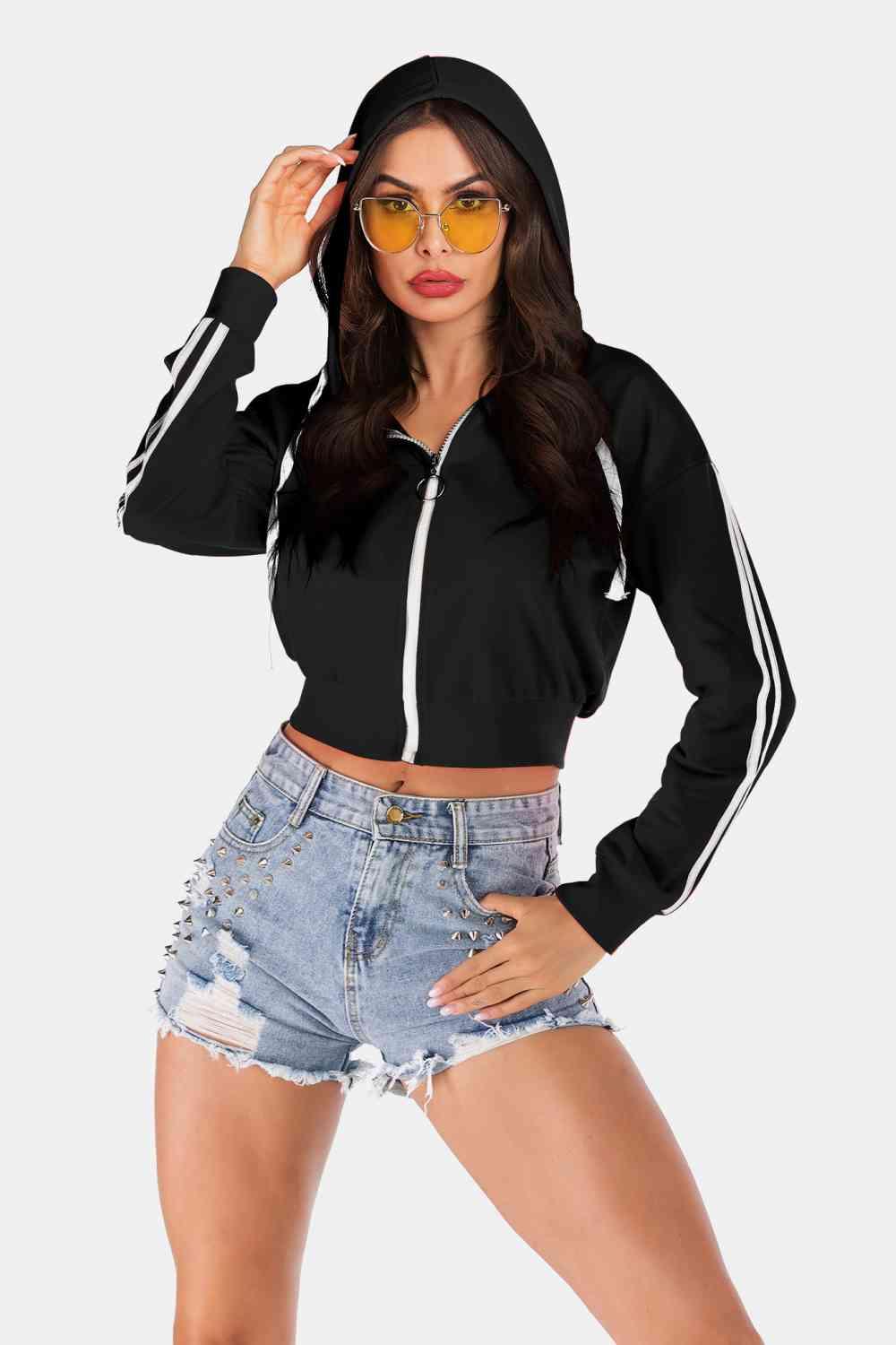 Perfee Side Stripe Drawstring Cropped Hooded Jacket - Chic Yana's Fashion