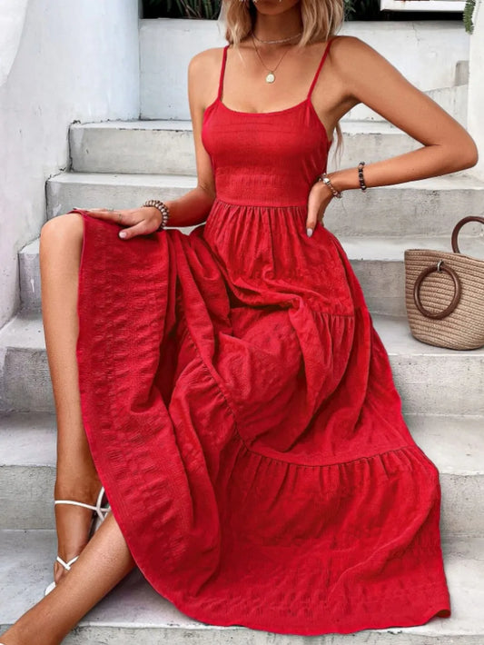 Bow Back Tiered Maxi Cami Dress - Women's Fashion Romper - Chic Yana's Fashion
