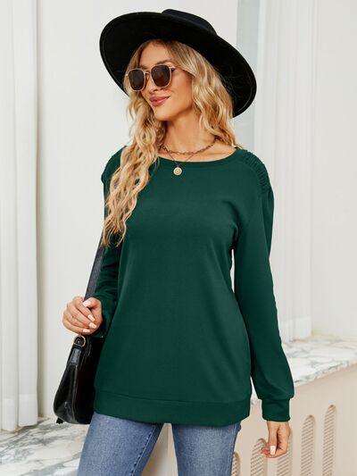 Ruched Shoulder Round Neck Long Sleeve Sweatshirt - Chic Yana's Fashion