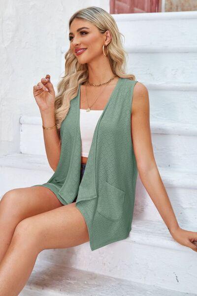 Eyelet Open Front Sleeveless Cardigan - Chic Yana's Fashion