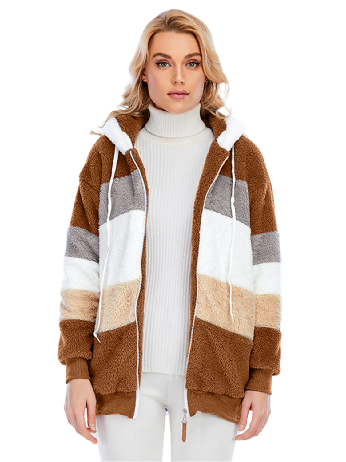 Full Size Drawstring Color Block Zip Up Hooded Outerwear - Chic Yana’s Fashion