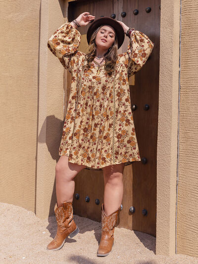 Plus Size Printed V Neck Balloon Sleeve Mini Dress - Chic Yana's Fashion