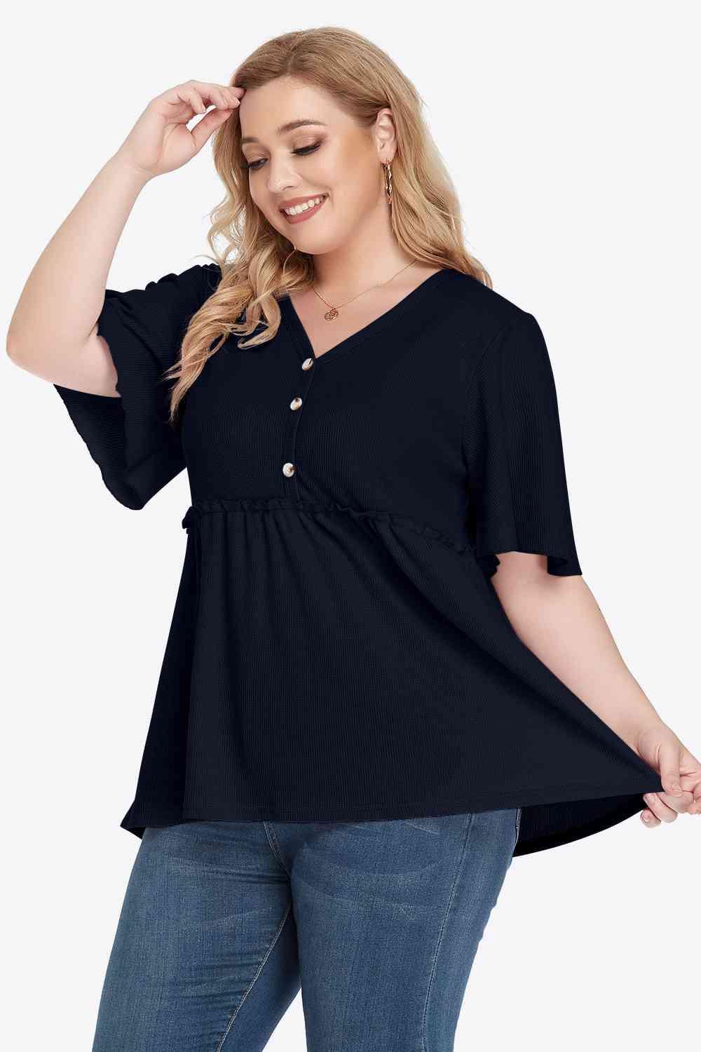 Plus Size Buttoned V Neck Frill Trim Babydoll Blouse - Chic Yana's Fashion