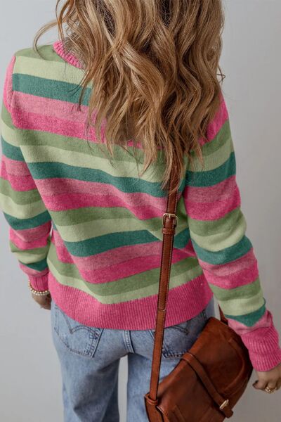 Striped Round Neck Long Sleeve Sweater - Chic Yana's Fashion