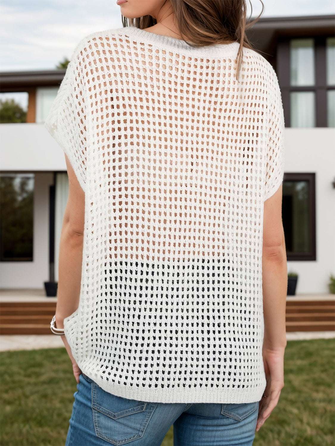 Openwork Round Neck Short Sleeve Cover Up - Stylish and Trendy Women's Fashion from Chic Yana's Fashion