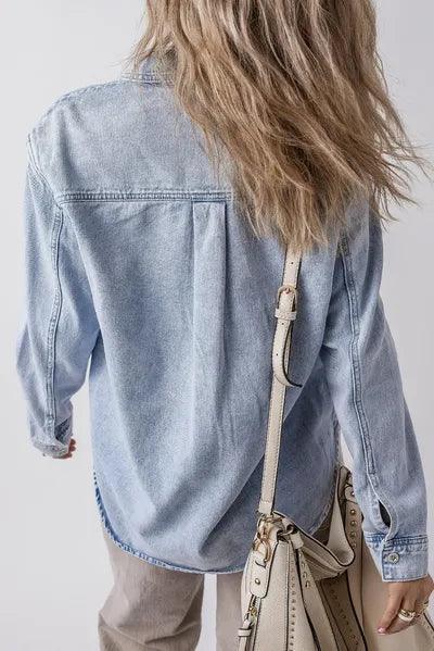 Pocketed Collared Neck Denim Top - Chic Yana's Fashion