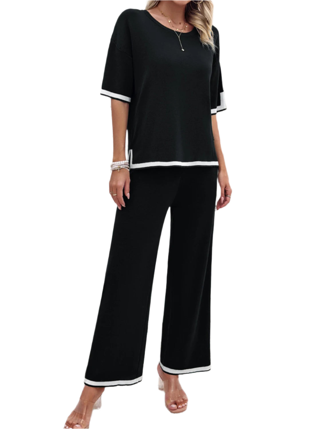 Devine Contrast Trim Round Neck Top and Pants Set – Chic Yana’s Fashion