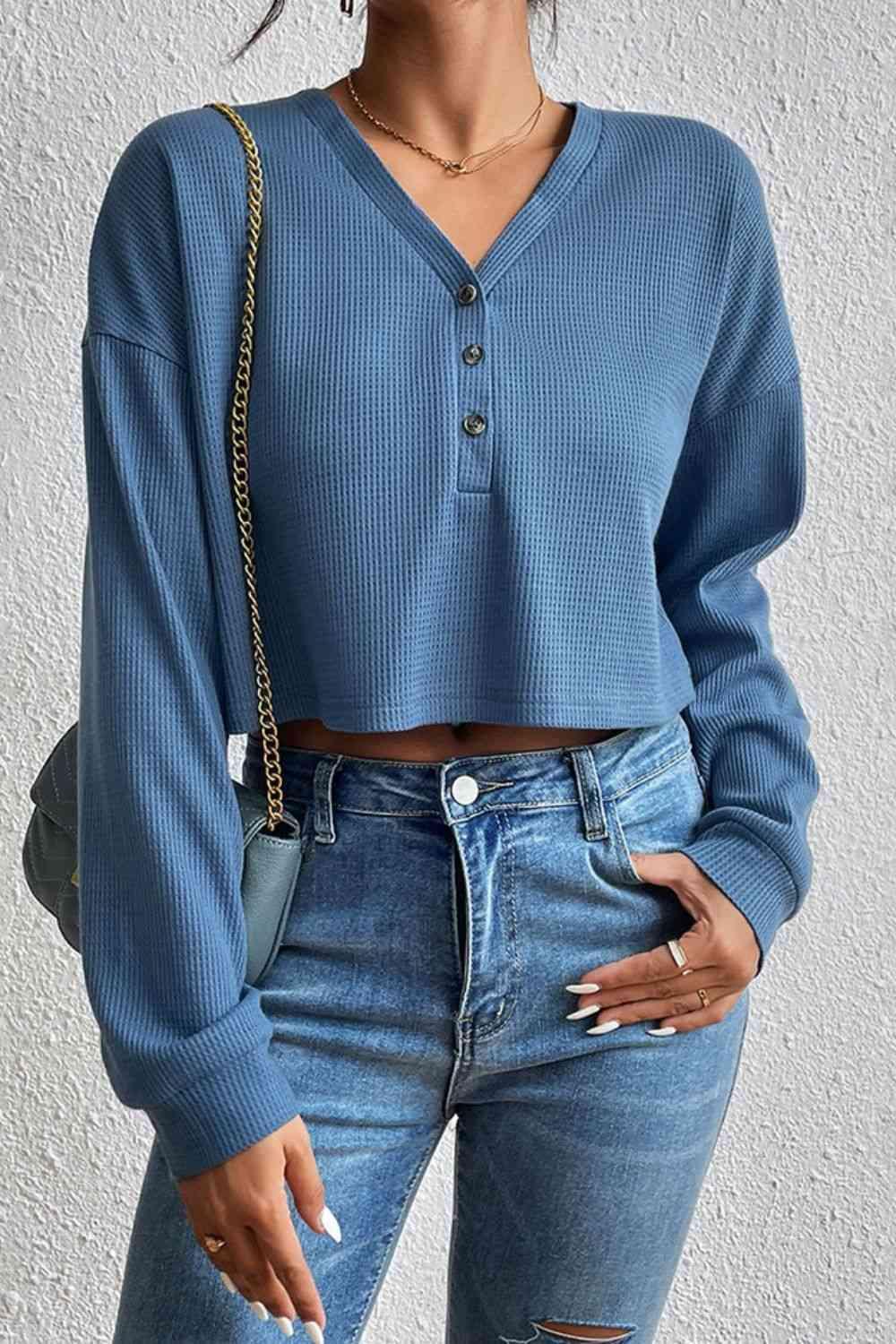 Ivy Lane Cropped V Neck Raglan Sleeve Buttoned Blouse - Chic Yana's Fashion